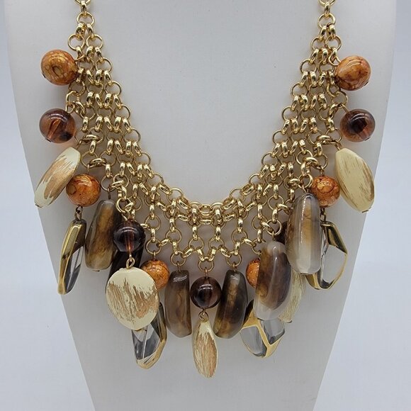Bohemian Boho Statement Necklace Glass Multicolored Bead Gold toned  18” Braided - Picture 1 of 4
